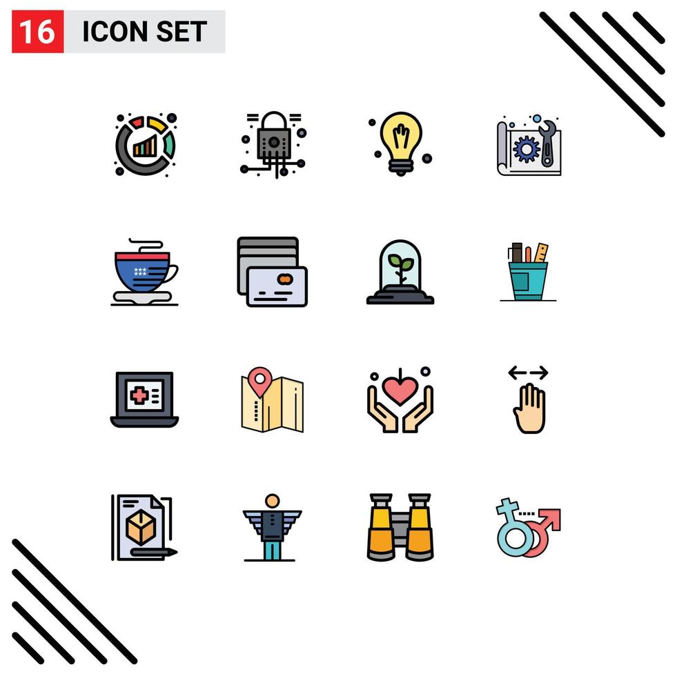 Pictogram Set of 16 Simple Flat Color Filled Lines of cup plan bulb paper blue print Editable Creative Vector Design Elements