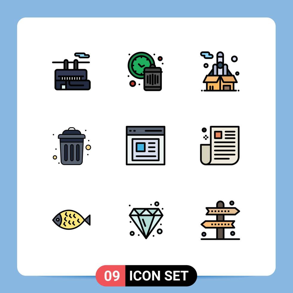 Pack of 9 Modern Filledline Flat Colors Signs and Symbols for Web Print Media such as content recycle business public dustbin Editable Vector Design Elements