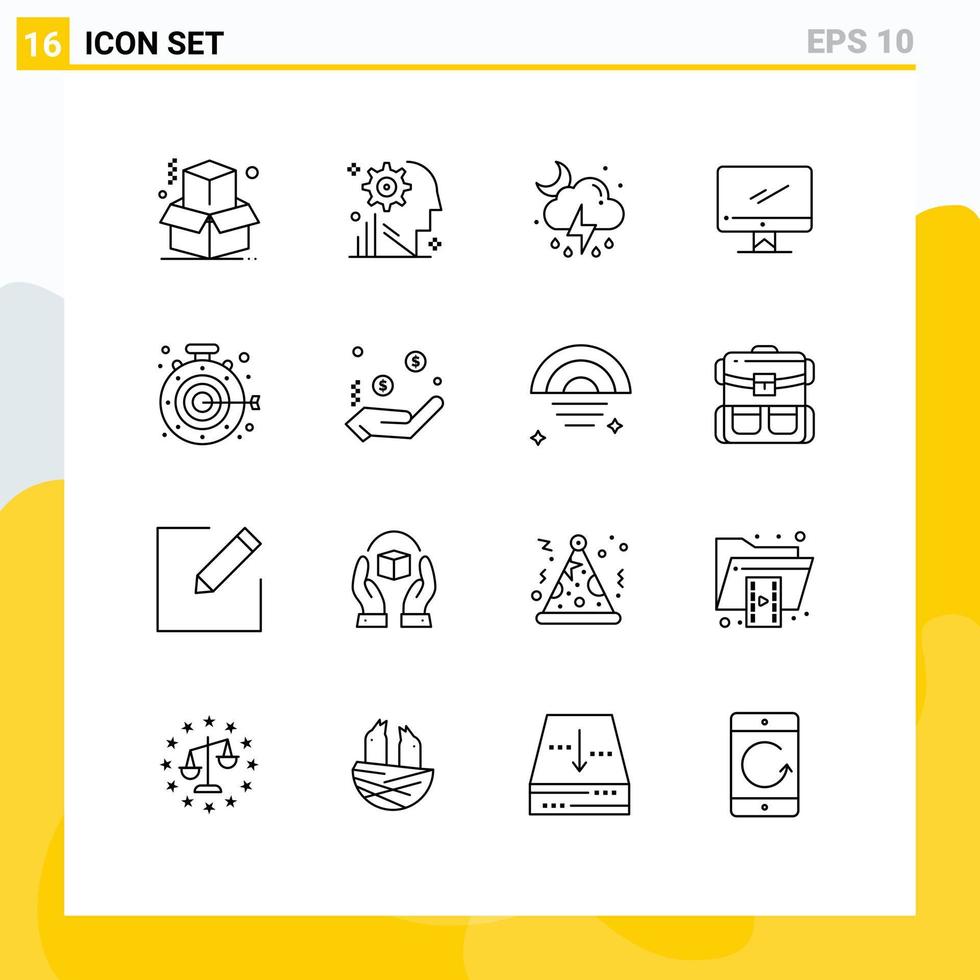 Universal Icon Symbols Group of 16 Modern Outlines of stopwatch imac storm device computer Editable Vector Design Elements