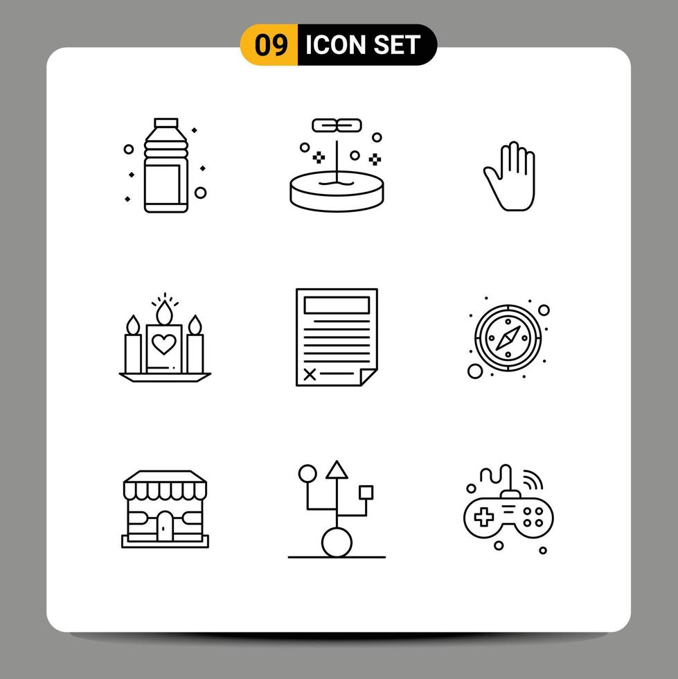 9 User Interface Outline Pack of modern Signs and Symbols of wedding love laboratory candle hand Editable Vector Design Elements