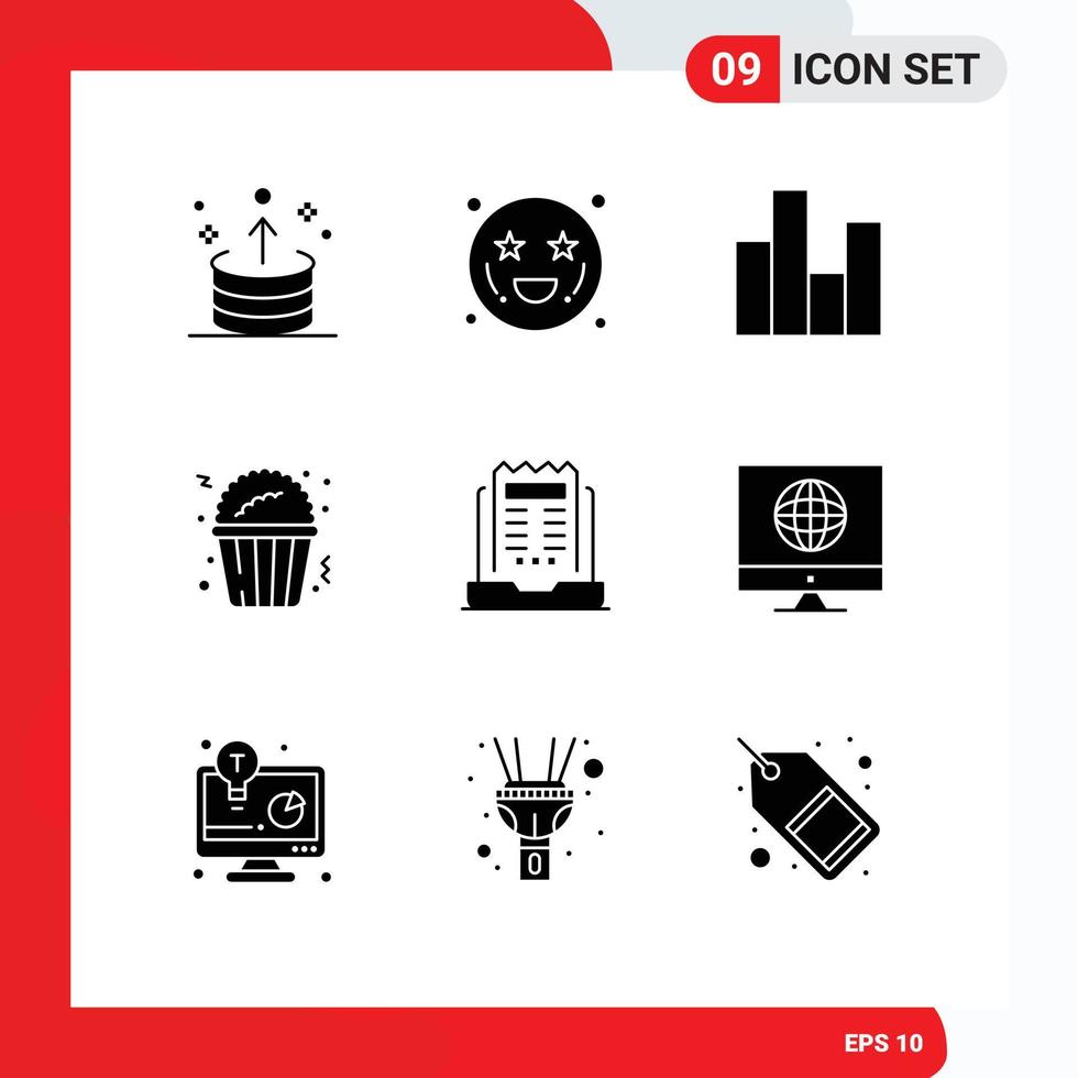 9 Thematic Vector Solid Glyphs and Editable Symbols of business fast food heart eyes popcorn finance Editable Vector Design Elements