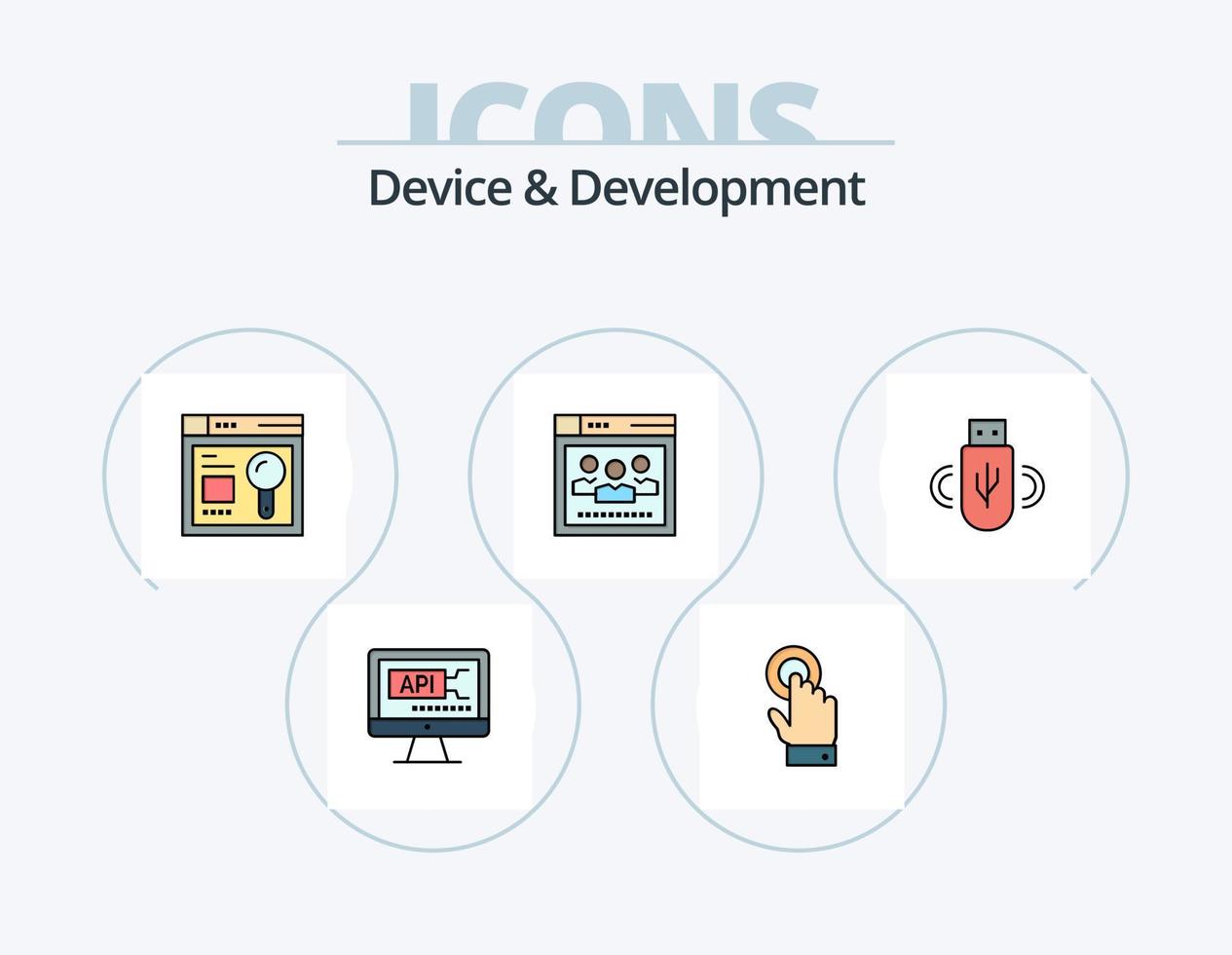el dispositivo y la línea de desarrollo llenaron el paquete de iconos 5 diseño de iconos. monitor. música. navegador. tocar. computadora vector