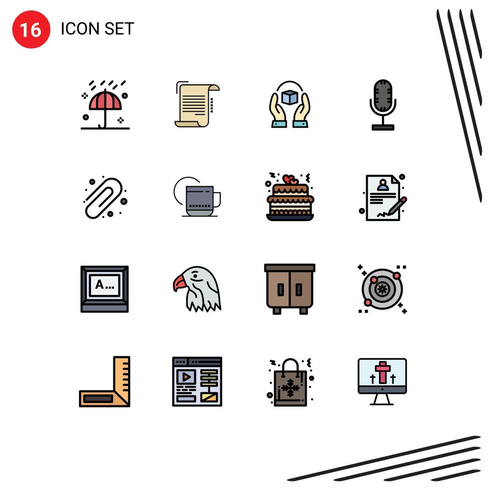 Modern Set of 16 Flat Color Filled Lines and symbols such as mic audio paper responsibility handle Editable Creative Vector Design Elements