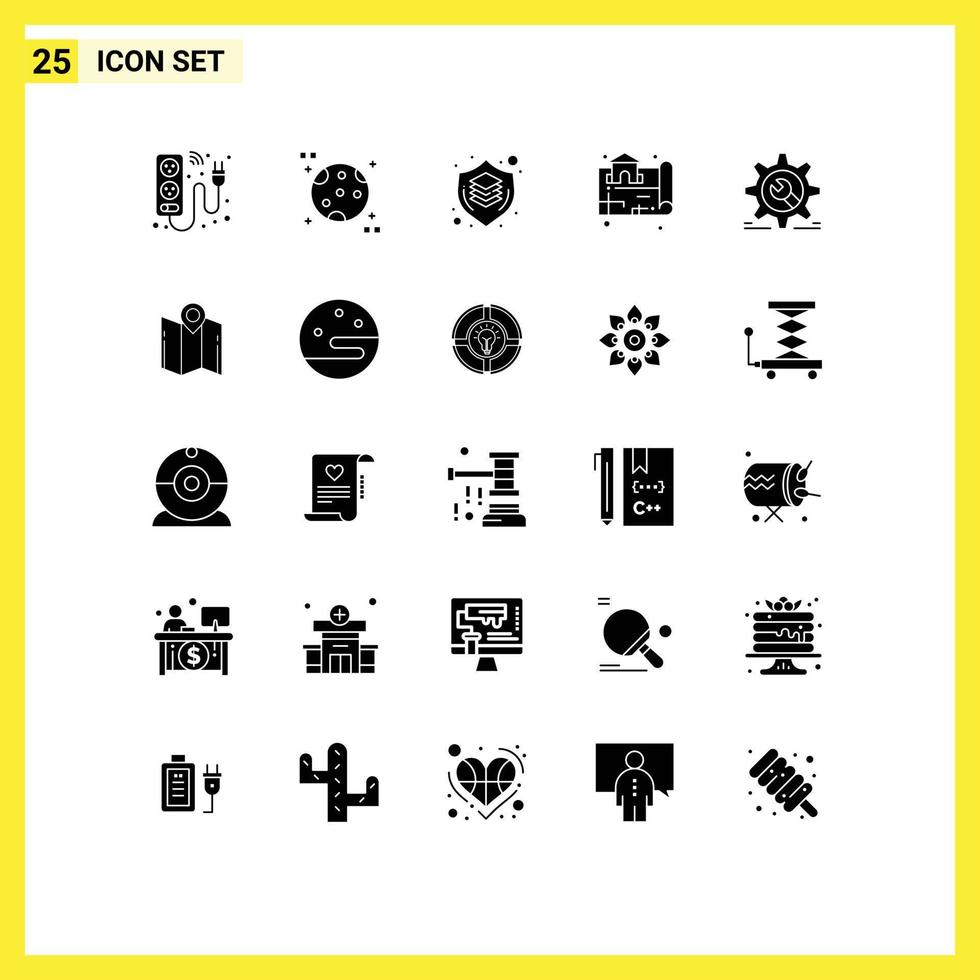 Solid Glyph Pack of 25 Universal Symbols of setting map brain location thinking Editable Vector Design Elements