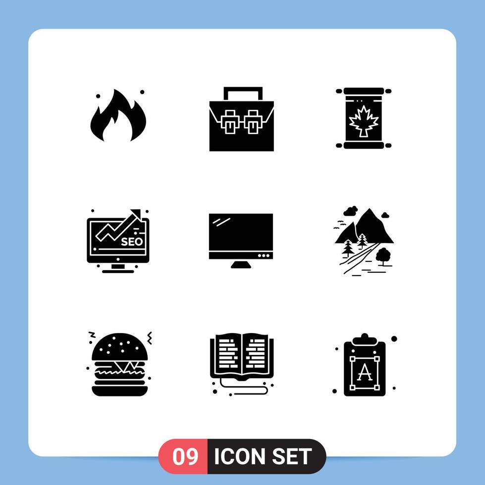 Universal Icon Symbols Group of 9 Modern Solid Glyphs of computer monitor toolkit marketing leaf Editable Vector Design Elements