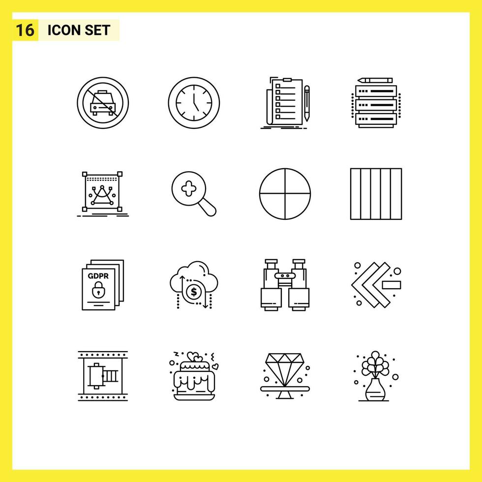 paquete de 16 signos y símbolos de esquemas modernos para medios de impresión web, como productos de edición en rack, verificación de documentos, elementos de diseño de vectores editables