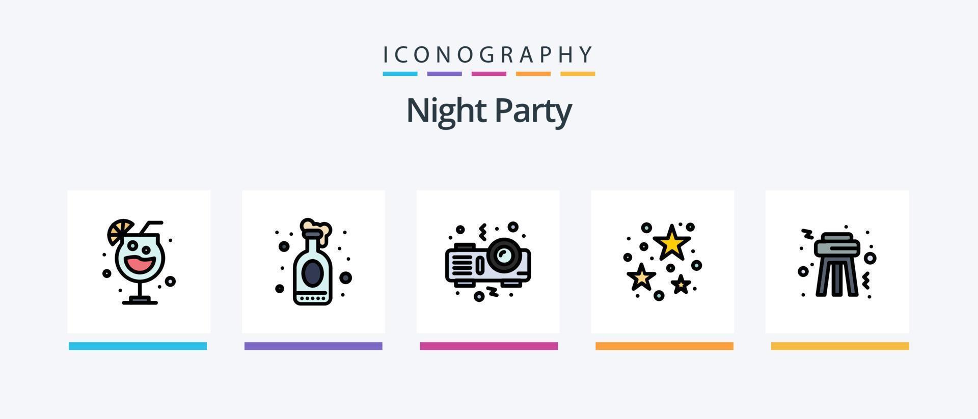 la línea de fiesta nocturna llenó un paquete de 5 íconos que incluye. fiesta. fiesta. noche. fiesta. diseño de iconos creativos vector