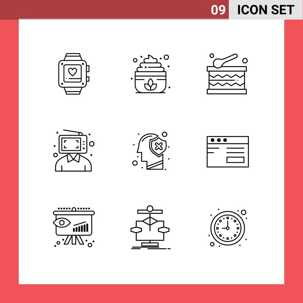 9 User Interface Outline Pack of modern Signs and Symbols of human brain festival marketing digital Editable Vector Design Elements