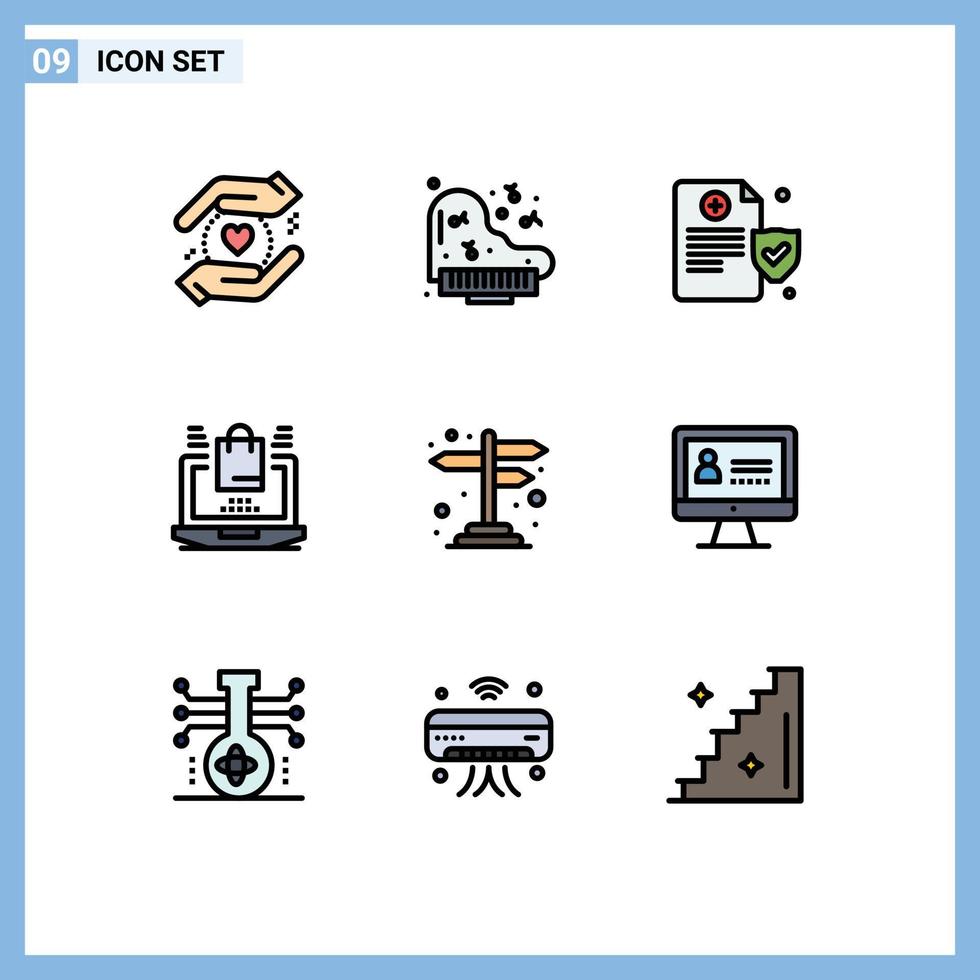 Pack of 9 Modern Filledline Flat Colors Signs and Symbols for Web Print Media such as computer sign policy navigation shopping Editable Vector Design Elements