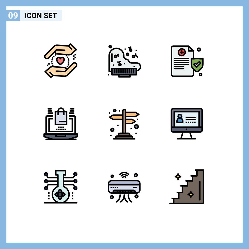 paquete de 9 modernos signos y símbolos de colores planos de línea rellena para medios de impresión web, como navegación de política de signos informáticos, compras, elementos de diseño de vectores editables
