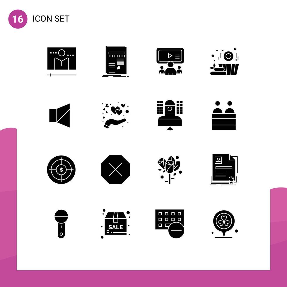 paquete de 16 signos y símbolos de glifos sólidos modernos para medios de impresión web, como elementos de diseño de vectores editables del equipo de sauna de informe de madera de campana