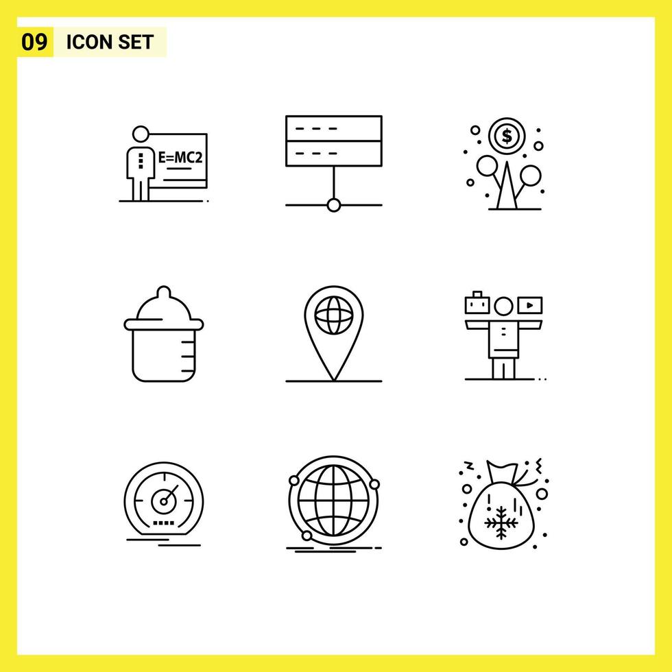 Set of 9 Vector Outlines on Grid for globe infant signal bottle money Editable Vector Design Elements