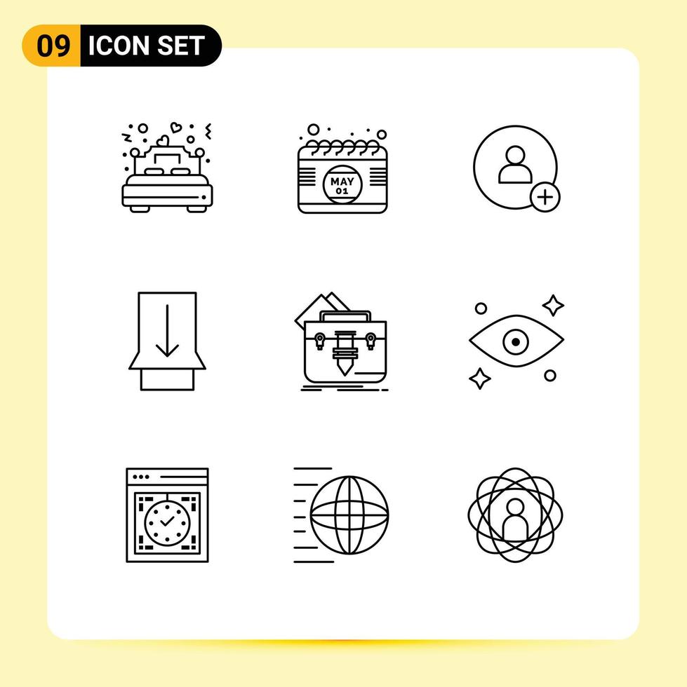 Editable Vector Line Pack of 9 Simple Outlines of file portfolio time touch gesture Editable Vector Design Elements