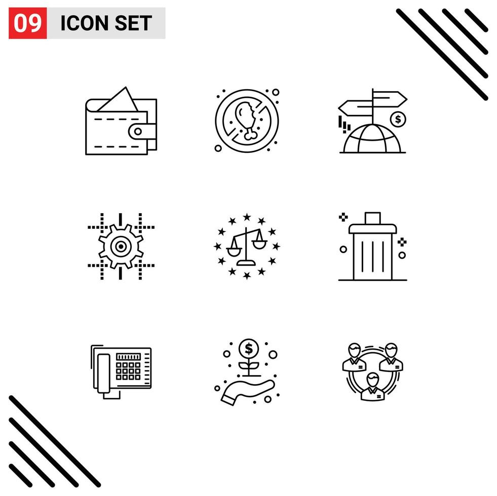 Universal Icon Symbols Group of 9 Modern Outlines of justice balance direction line gear Editable Vector Design Elements