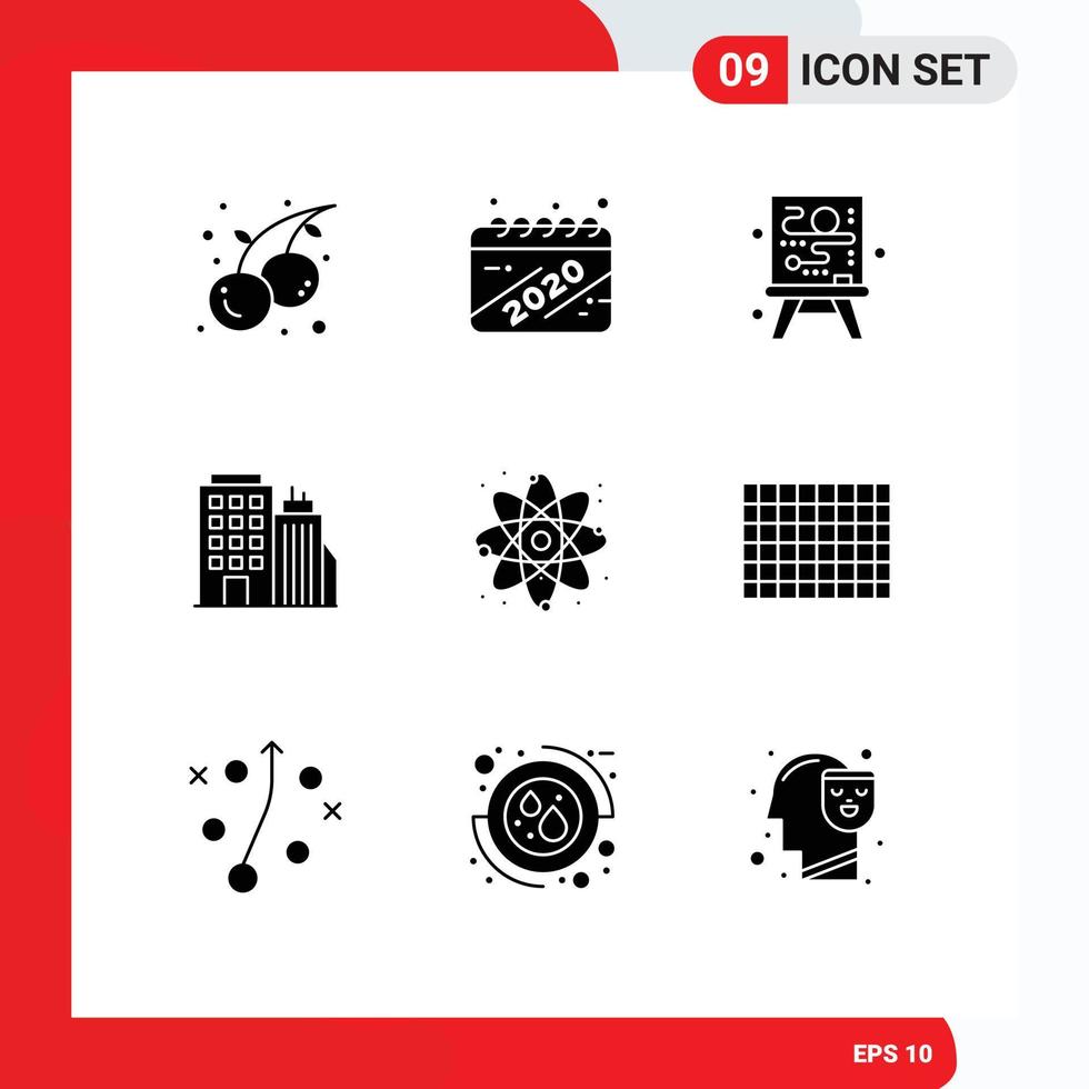 conjunto de 9 iconos de interfaz de usuario modernos signos de símbolos para elementos de diseño vectorial editables de oficina central de lienzo de átomo de energía vector