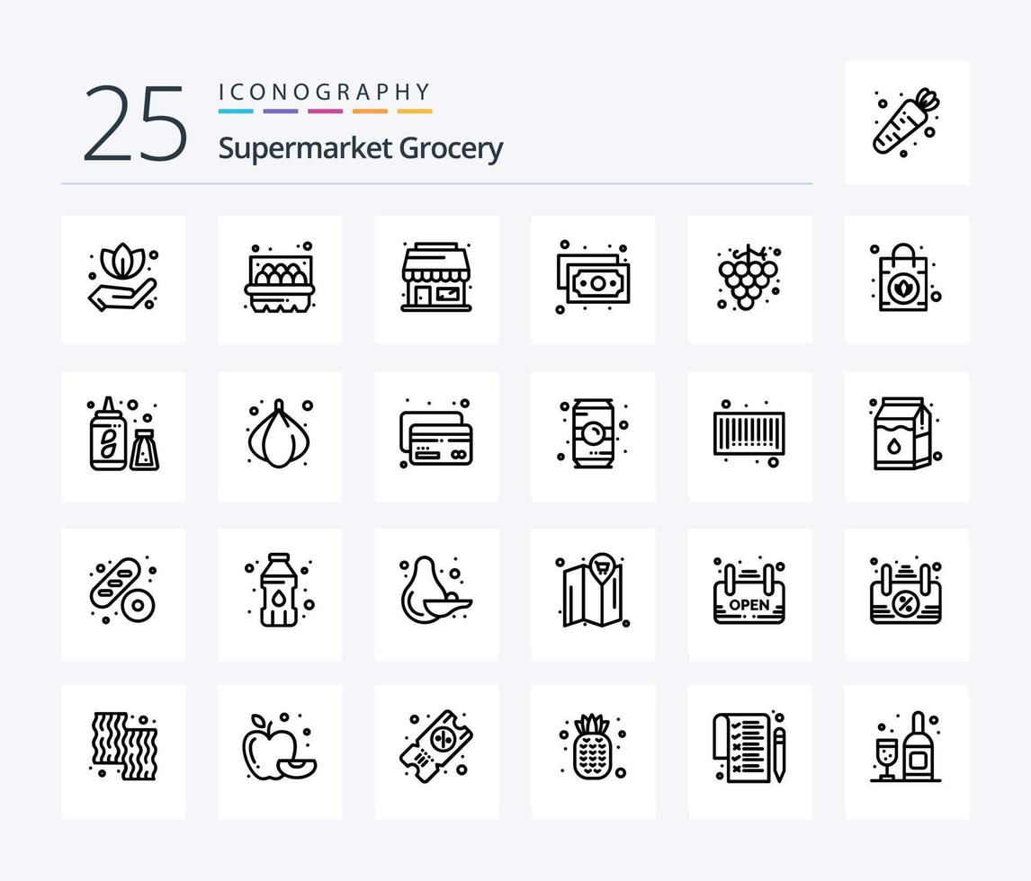 Grocery 25 Line icon pack including purse. handbag. webshop. grape. food vector