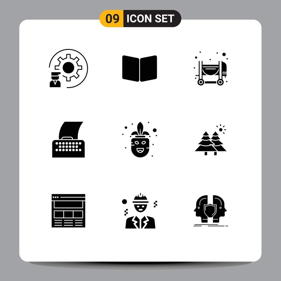 Set of 9 Vector Solid Glyphs on Grid for carnival text layout paper mixer Editable Vector Design Elements