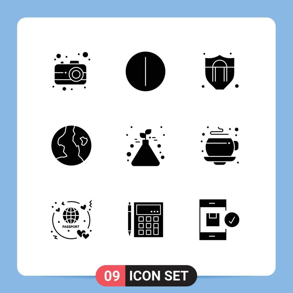 Editable Vector Line Pack of 9 Simple Solid Glyphs of cup tube shield motivation test plant Editable Vector Design Elements