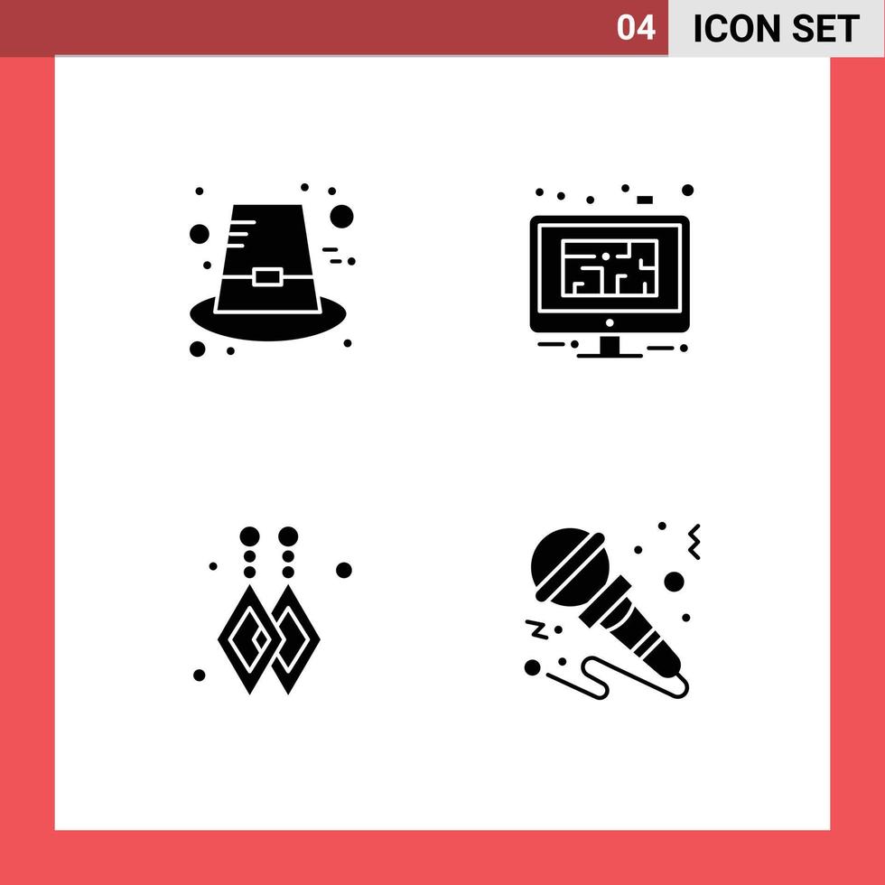 Mobile Interface Solid Glyph Set of 4 Pictograms of autumn custom earrings thanksgiving design microphone Editable Vector Design Elements