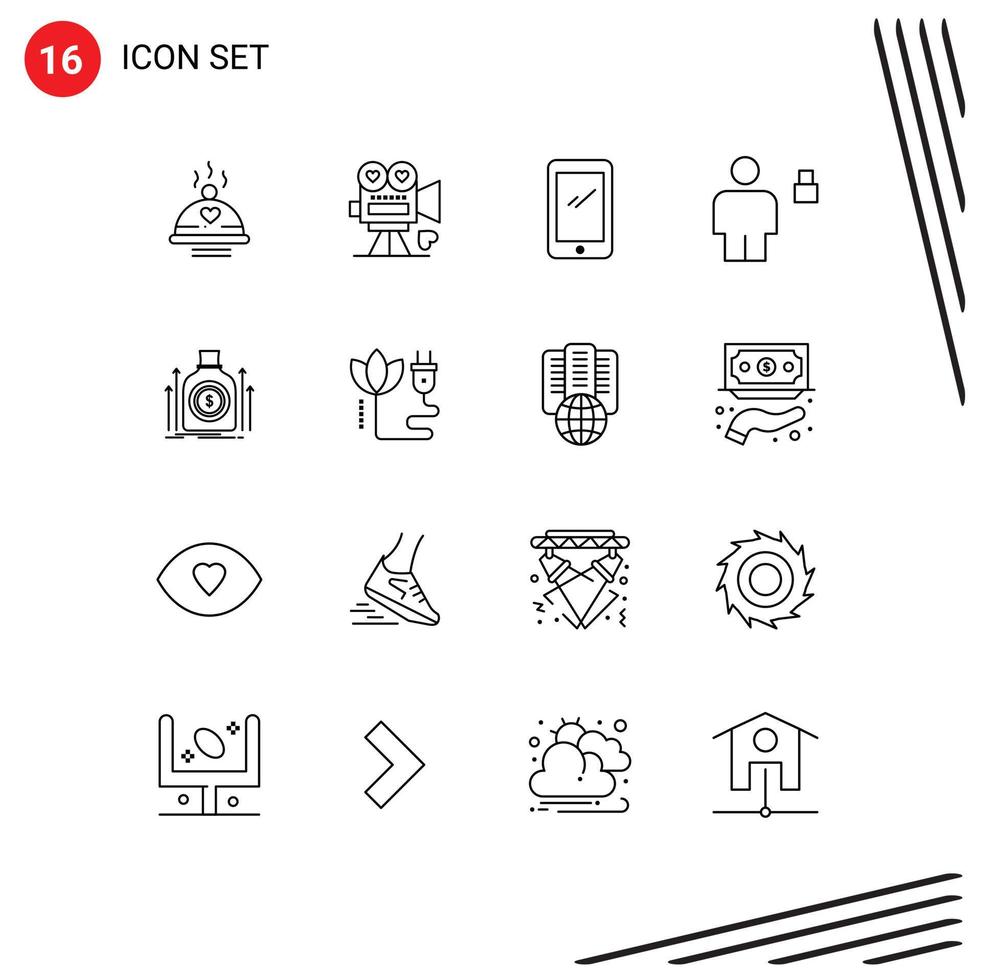 Group of 16 Modern Outlines Set for human avatar love iphone mobile Editable Vector Design Elements