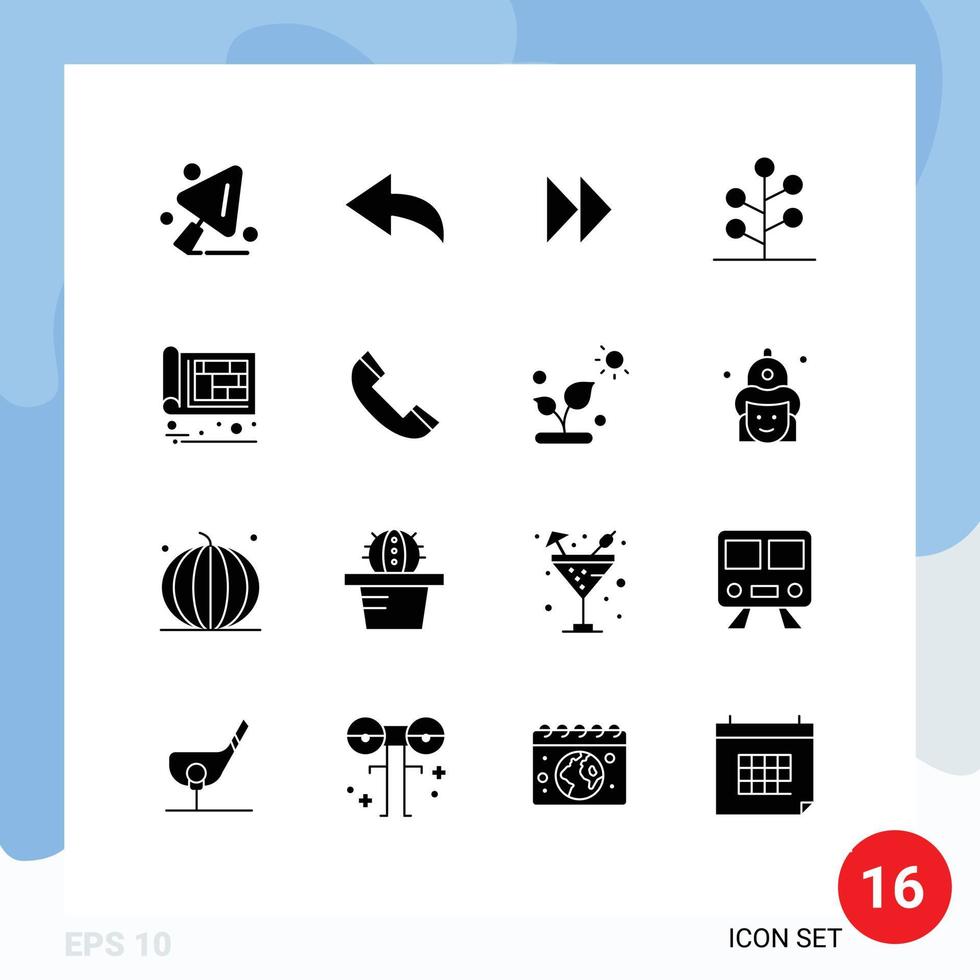 Group of 16 Modern Solid Glyphs Set for engineer construction video building tree Editable Vector Design Elements