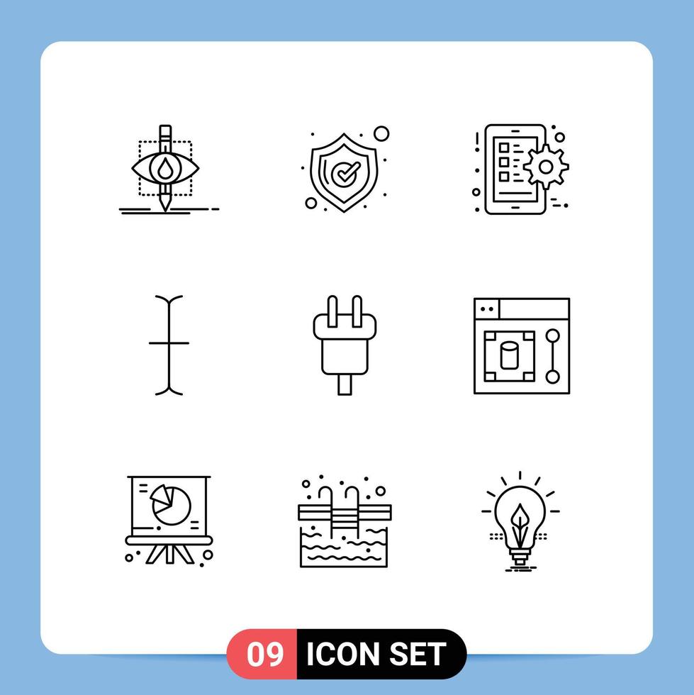 9 Thematic Vector Outlines and Editable Symbols of electric connector gear charge cursor Editable Vector Design Elements