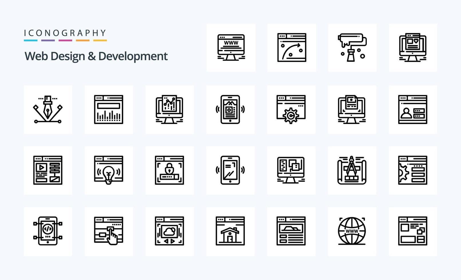 paquete de iconos de 25 líneas de diseño y desarrollo web vector