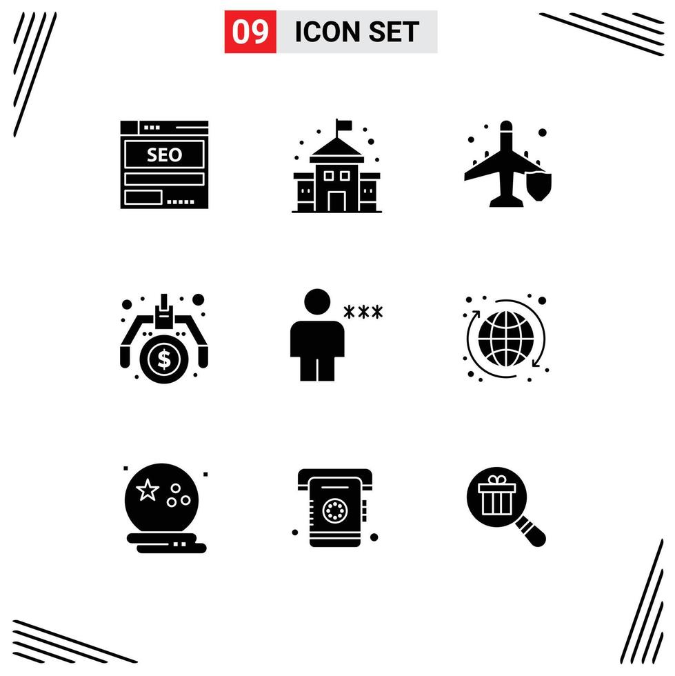 9 Universal Solid Glyphs Set for Web and Mobile Applications avatar money school making protection Editable Vector Design Elements