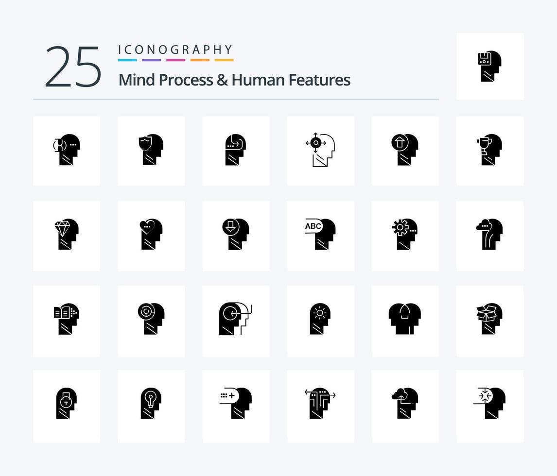 proceso mental y características humanas Paquete de iconos de 25 glifos sólidos que incluye flecha. usted mismo . datos. transformar. cabeza vector