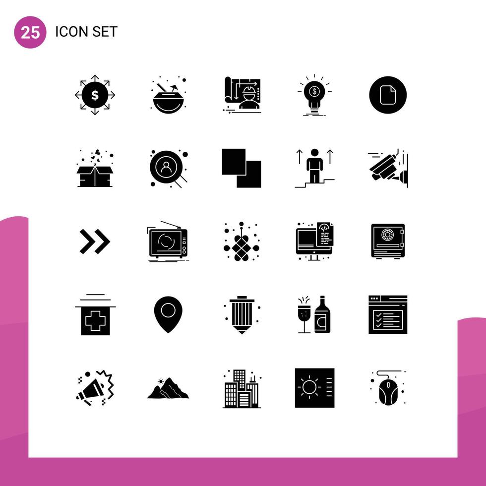 Mobile Interface Solid Glyph Set of 25 Pictograms of document money architecture idea finance Editable Vector Design Elements
