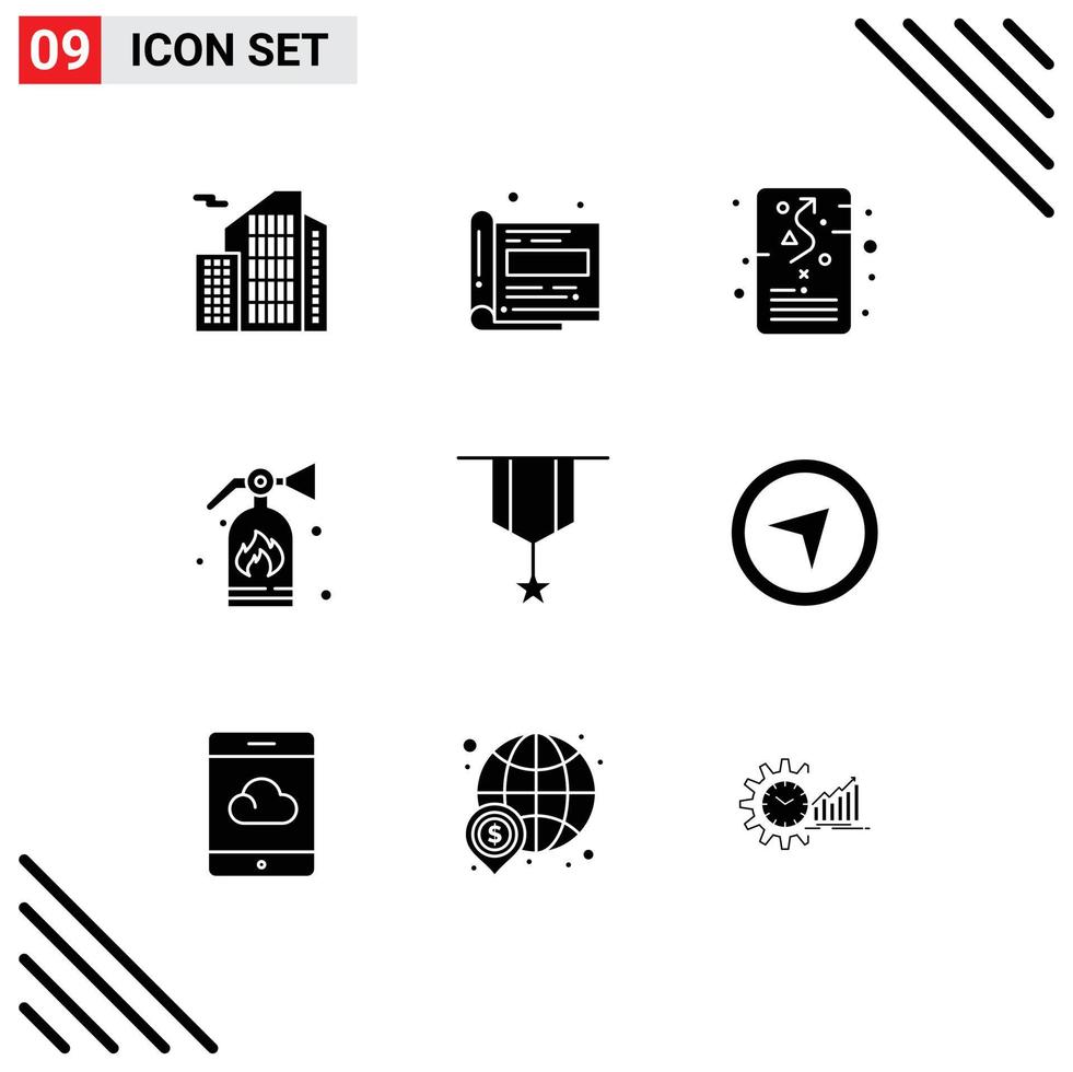 Pack of 9 Modern Solid Glyphs Signs and Symbols for Web Print Media such as decoration security goal fire strategic Editable Vector Design Elements