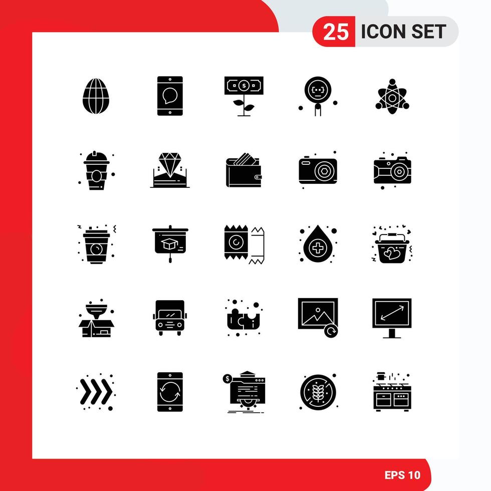 Mobile Interface Solid Glyph Set of 25 Pictograms of atom programming dollar development coding Editable Vector Design Elements