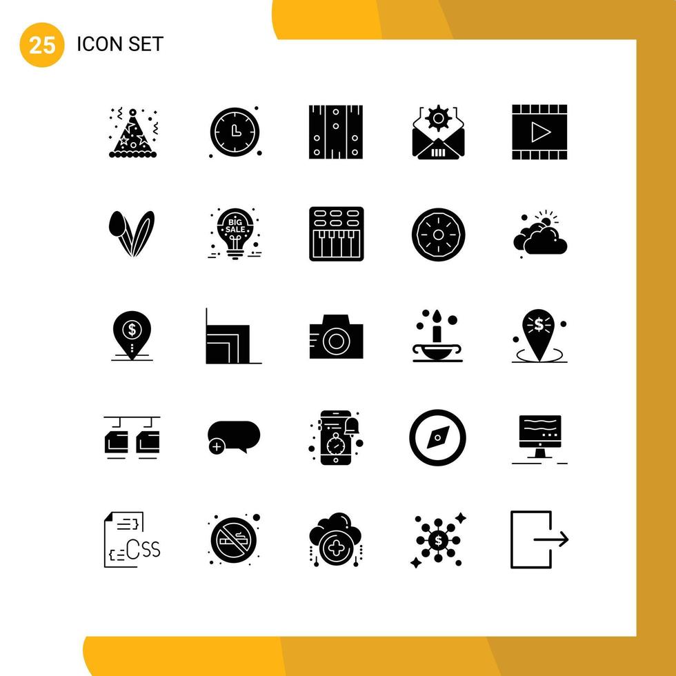 Pack of 25 Modern Solid Glyphs Signs and Symbols for Web Print Media such as media setting wall clock mail stock Editable Vector Design Elements