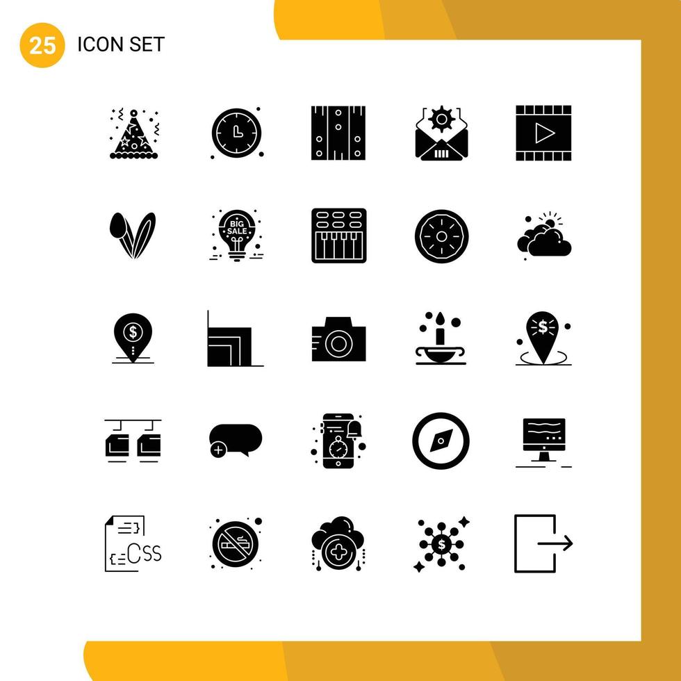paquete de 25 signos y símbolos de glifos sólidos modernos para medios de impresión web, como configuración de medios, reloj de pared, correo, elementos de diseño de vectores editables