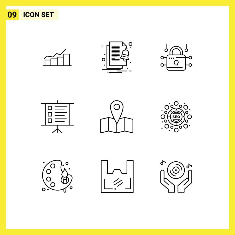 9 iconos creativos signos y símbolos modernos de notificación de texto de ubicación seguridad empresarial elementos de diseño vectorial editables vector