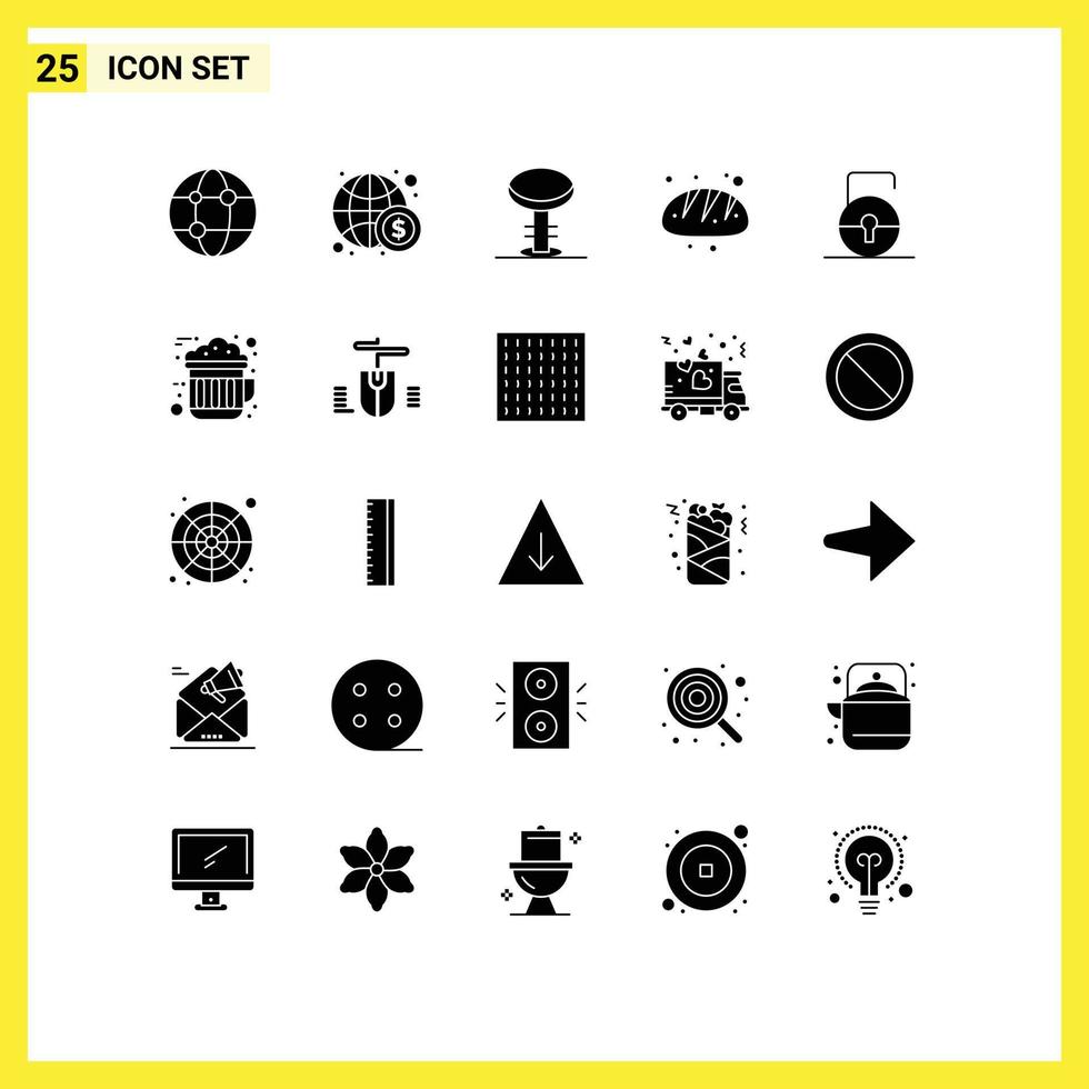 Modern Set of 25 Solid Glyphs and symbols such as lock pad food bar bread bakery Editable Vector Design Elements