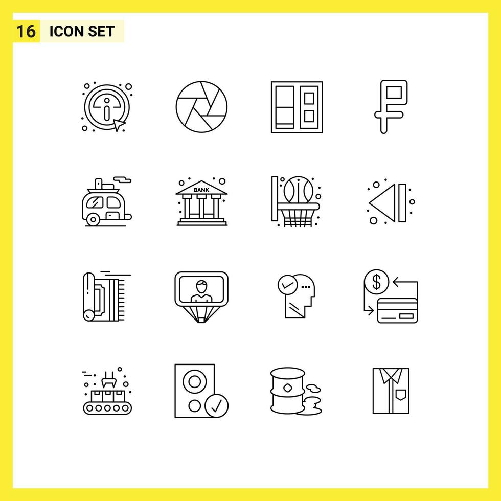 16 Universal Outlines Set for Web and Mobile Applications trailer camping building camp money Editable Vector Design Elements