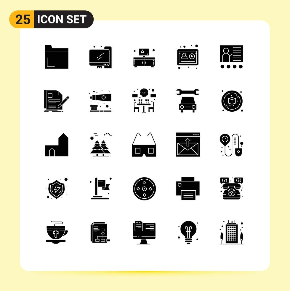 25 User Interface Solid Glyph Pack of modern Signs and Symbols of presentation conference stand blackboard profile Editable Vector Design Elements
