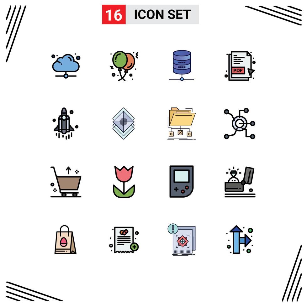 conjunto moderno de 16 líneas rellenas de color plano pictografía de cohete archivo pdf cumpleaños documento pdf computación elementos de diseño de vectores creativos editables