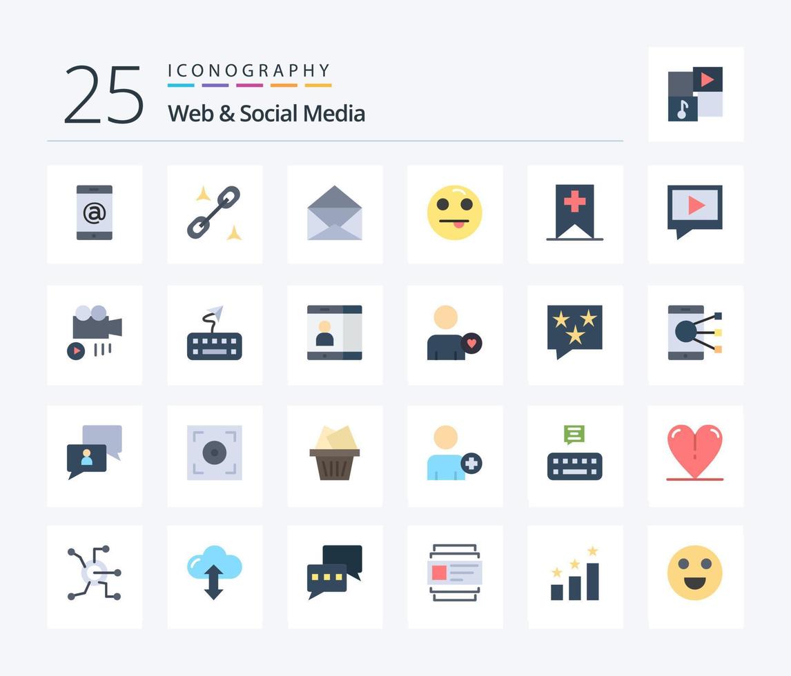 Web And Social Media 25 Flat Color icon pack including mail. video. open. media. tag vector