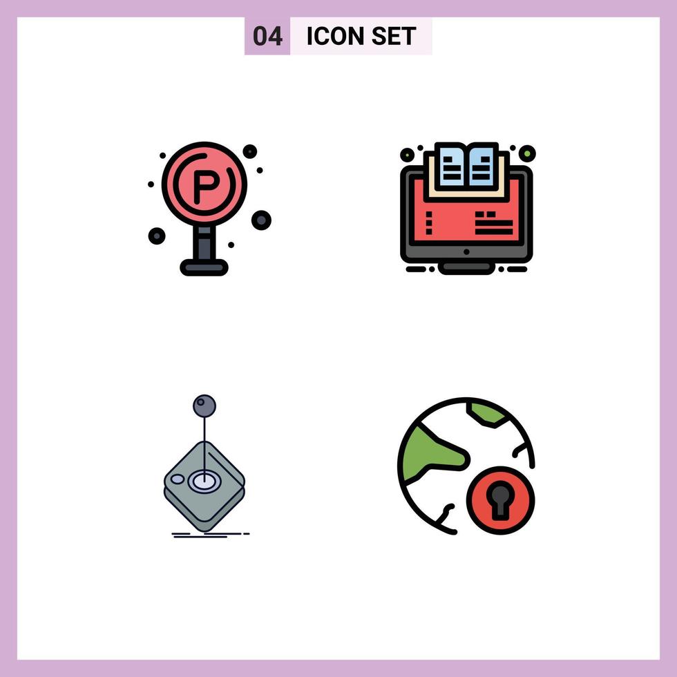 paquete de 4 modernos signos y símbolos de colores planos de línea rellena para medios de impresión web, como elementos de diseño de vectores editables del juego de aprendizaje de tableros de cursos de la ciudad