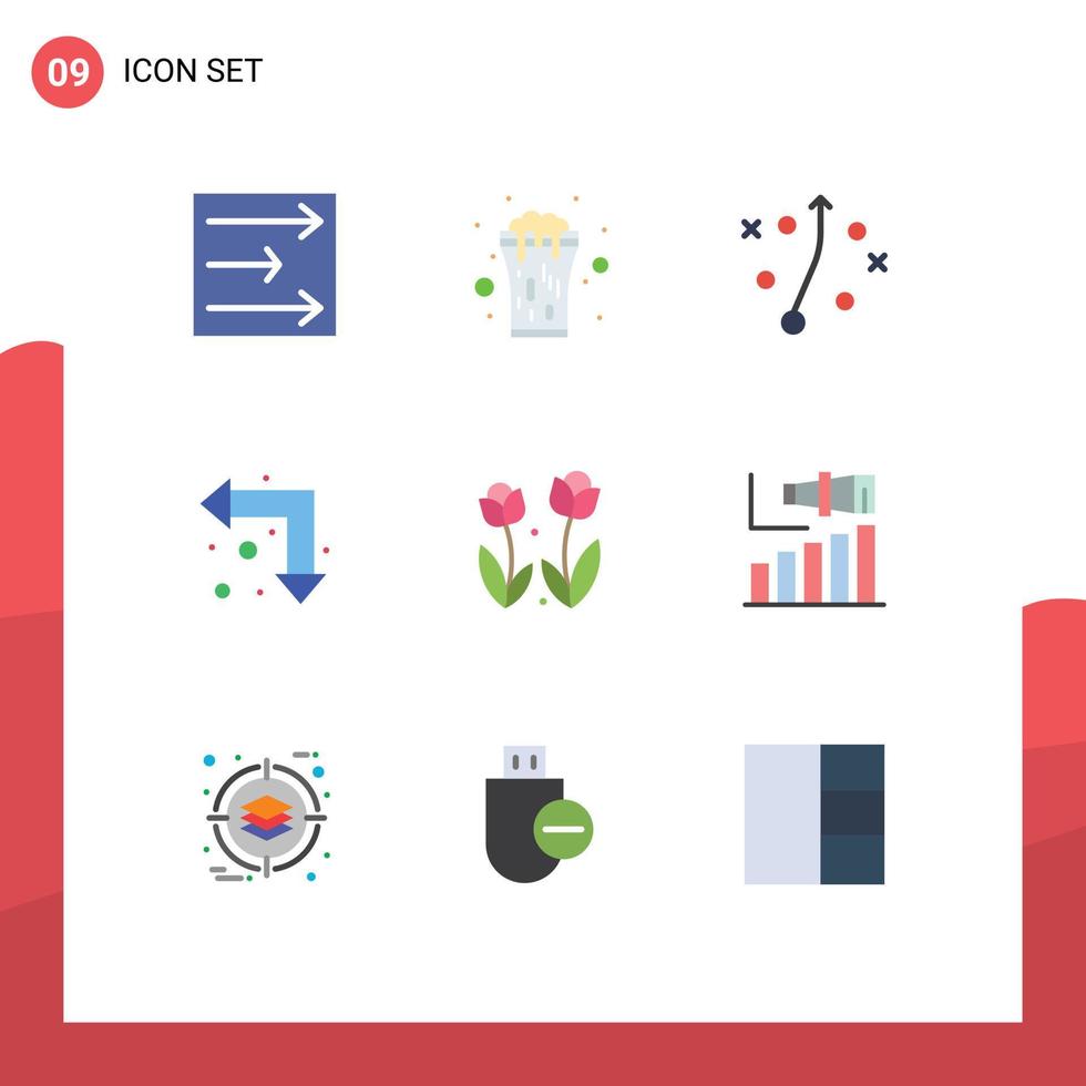 Set of 9 Vector Flat Colors on Grid for nature flora management down arrows Editable Vector Design Elements