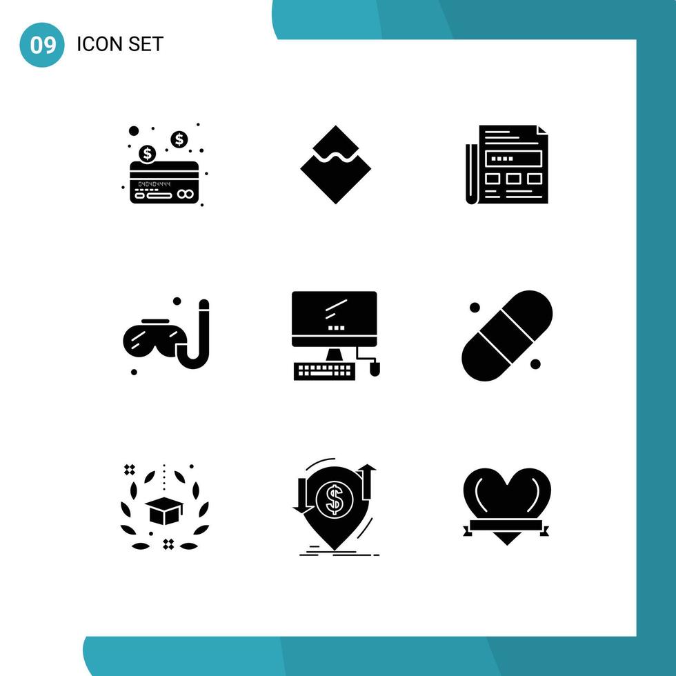 Modern Set of 9 Solid Glyphs Pictograph of device computer newspaper hobby swimming Editable Vector Design Elements