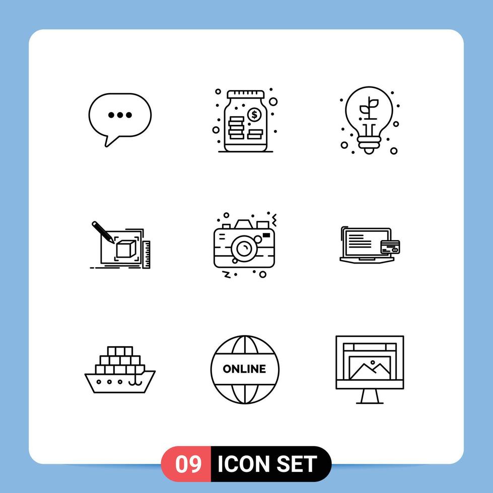 Universal Icon Symbols Group of 9 Modern Outlines of camera line bulb sketch drawing Editable Vector Design Elements