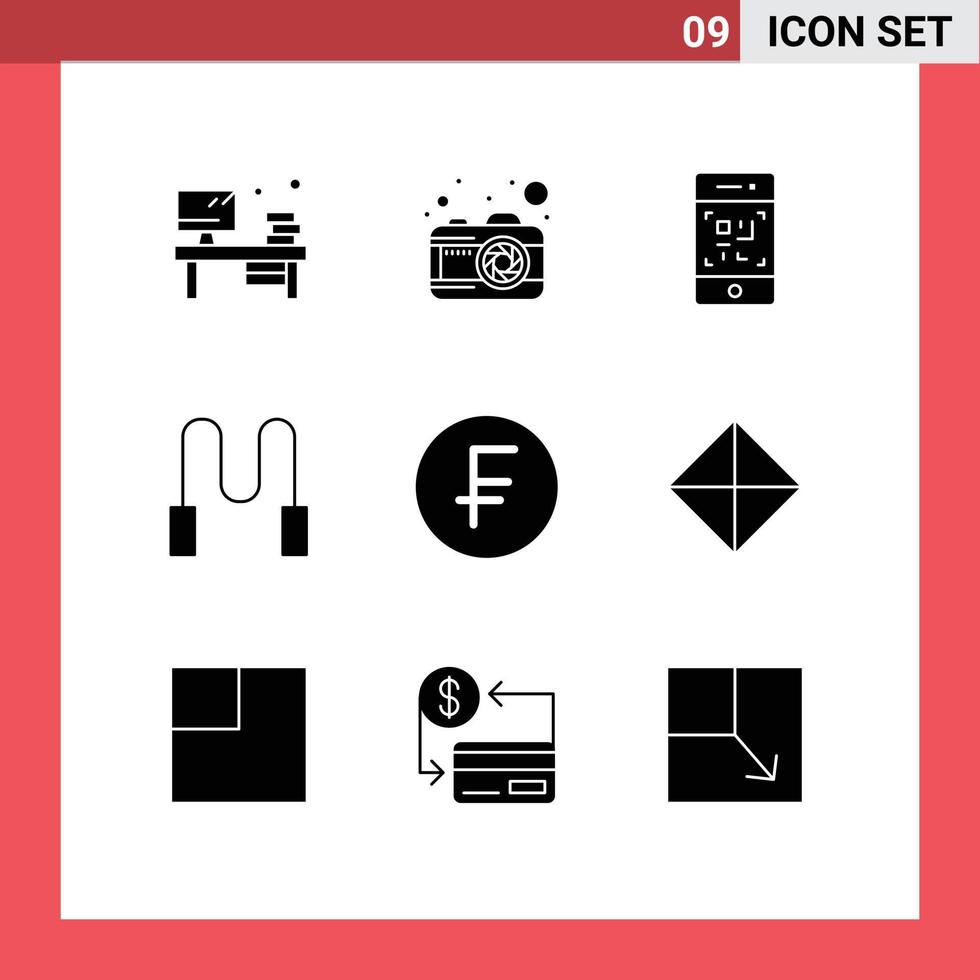 Set of 9 Commercial Solid Glyphs pack for dollar cash phone swiss france skipping Editable Vector Design Elements