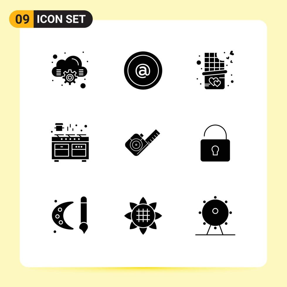 9 Solid Glyph concept for Websites Mobile and Apps tape measure dessert cooking oven Editable Vector Design Elements