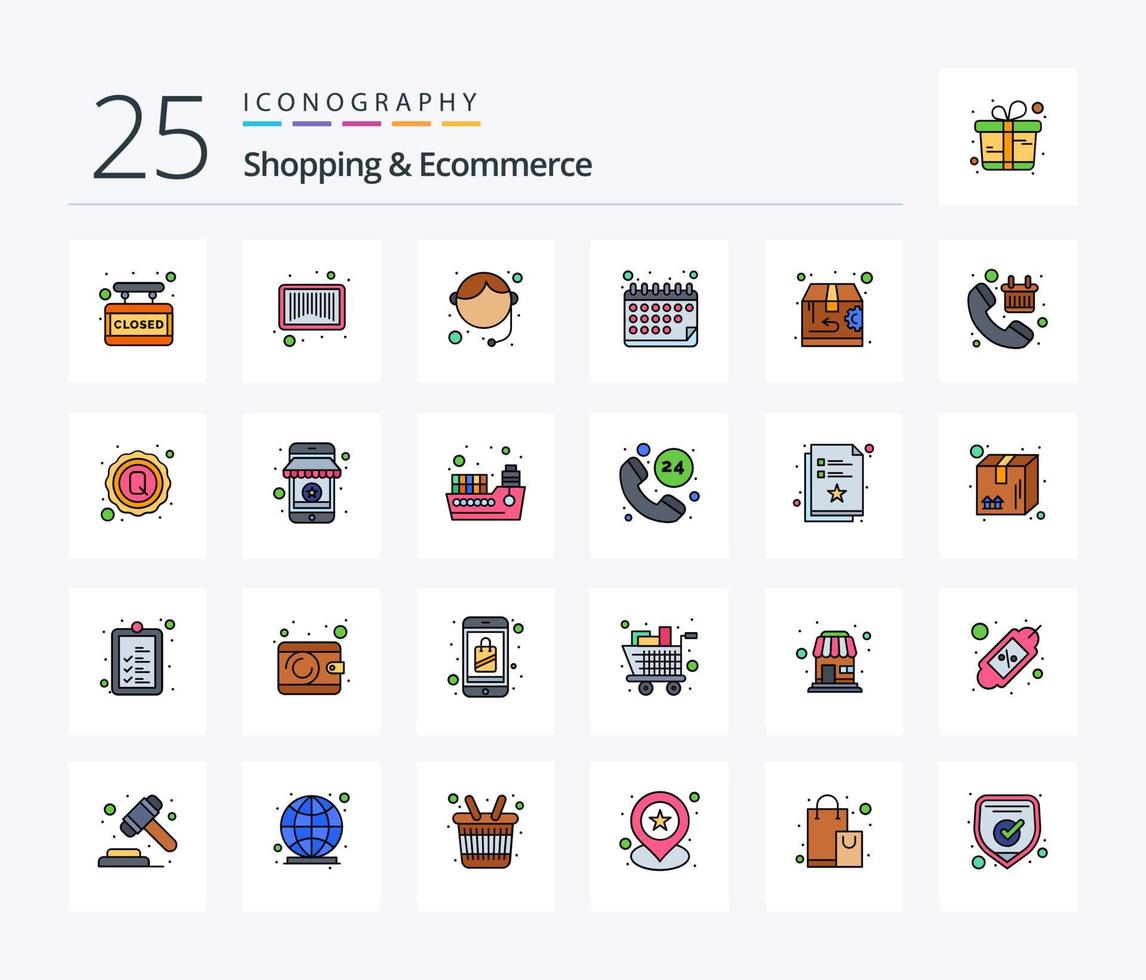 Shopping And Ecommerce 25 Line Filled icon pack including return. delivery. support. time. calendar vector