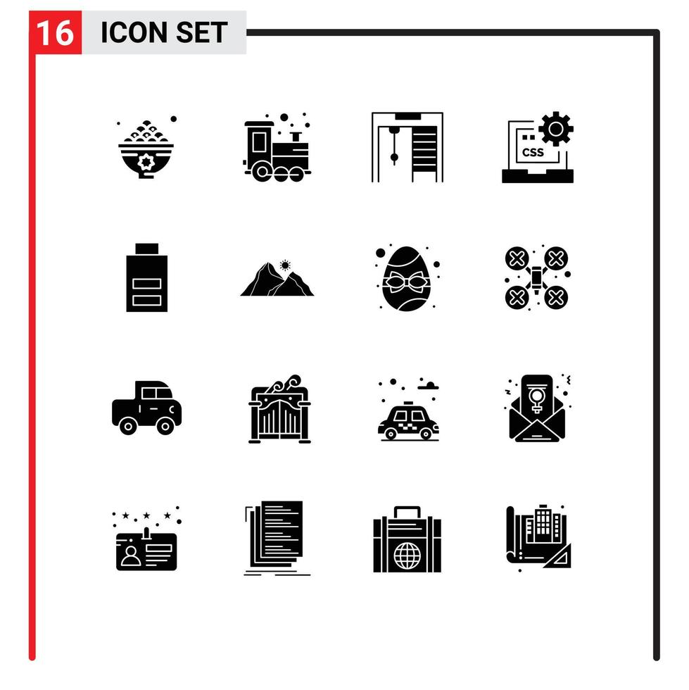 conjunto moderno de 16 pictogramas de glifos sólidos de batería desarrollar tiempo de reproducción código css elementos de diseño vectorial editables vector