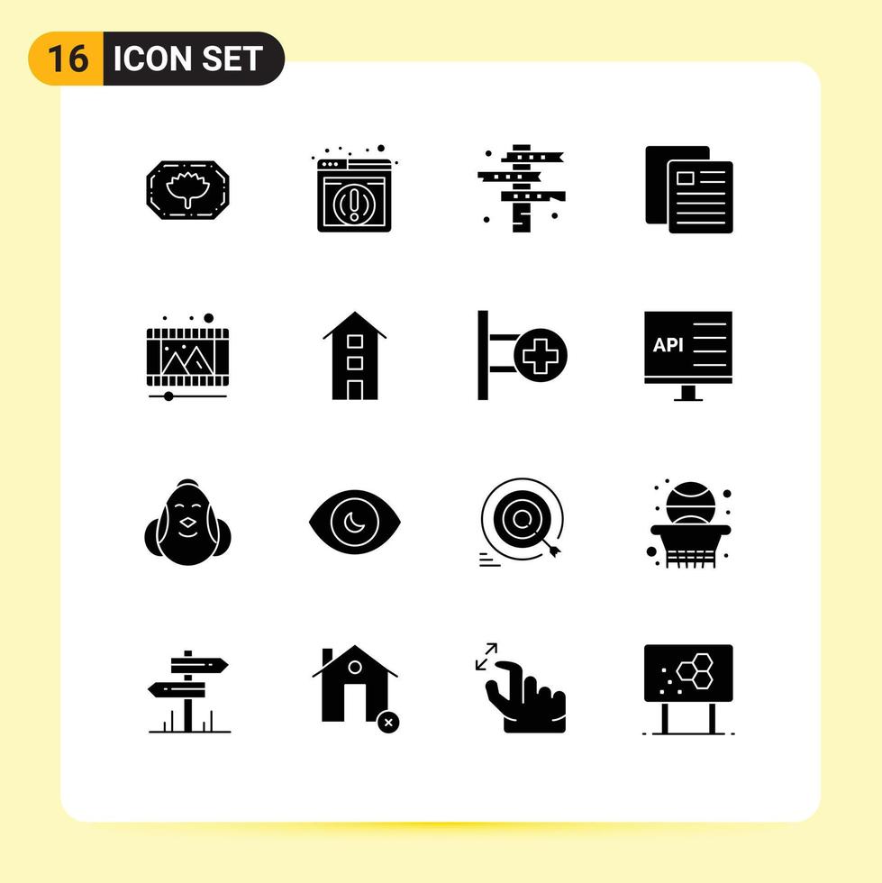 Mobile Interface Solid Glyph Set of 16 Pictograms of video play road school school Editable Vector Design Elements