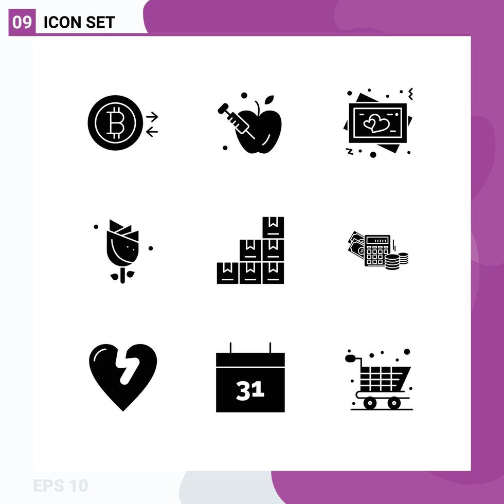 Mobile Interface Solid Glyph Set of 9 Pictograms of money boxes love box nature Editable Vector Design Elements